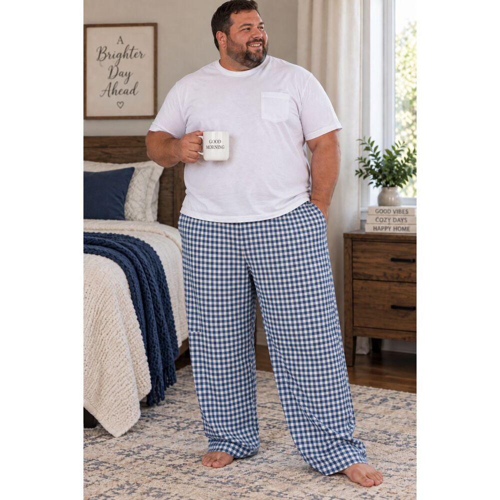 Fruit of the Loom Men's 4XL Blue White Gingham Plaid Lounge Sleep Pants Pajama
